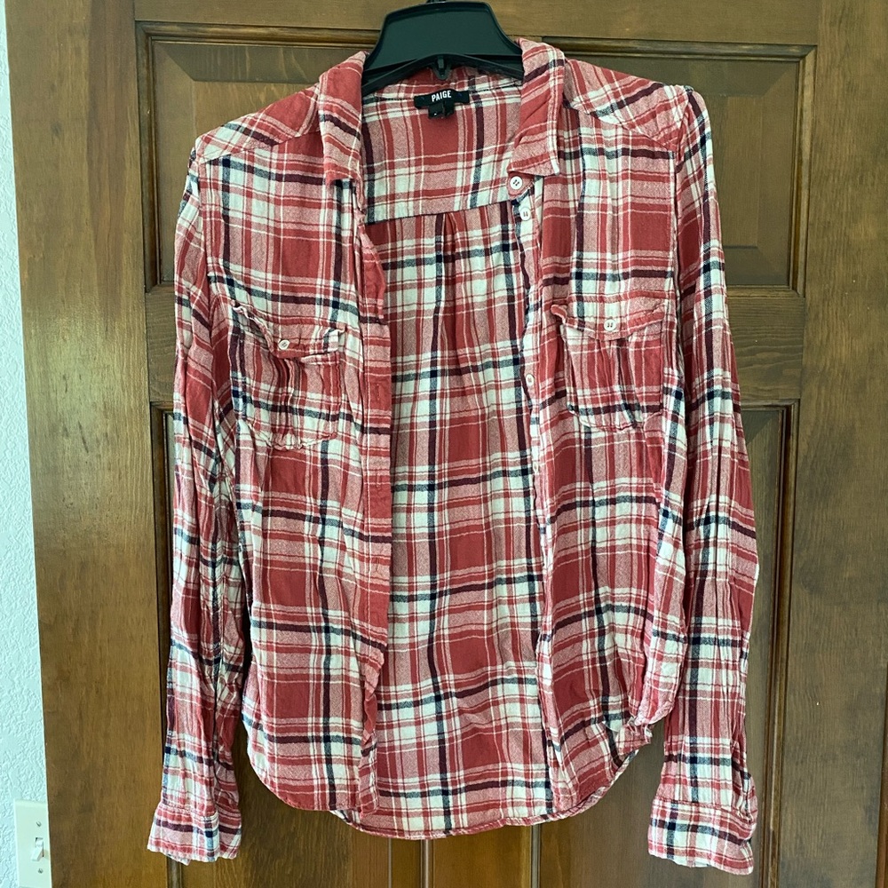Paige womens red plaid button up shirt